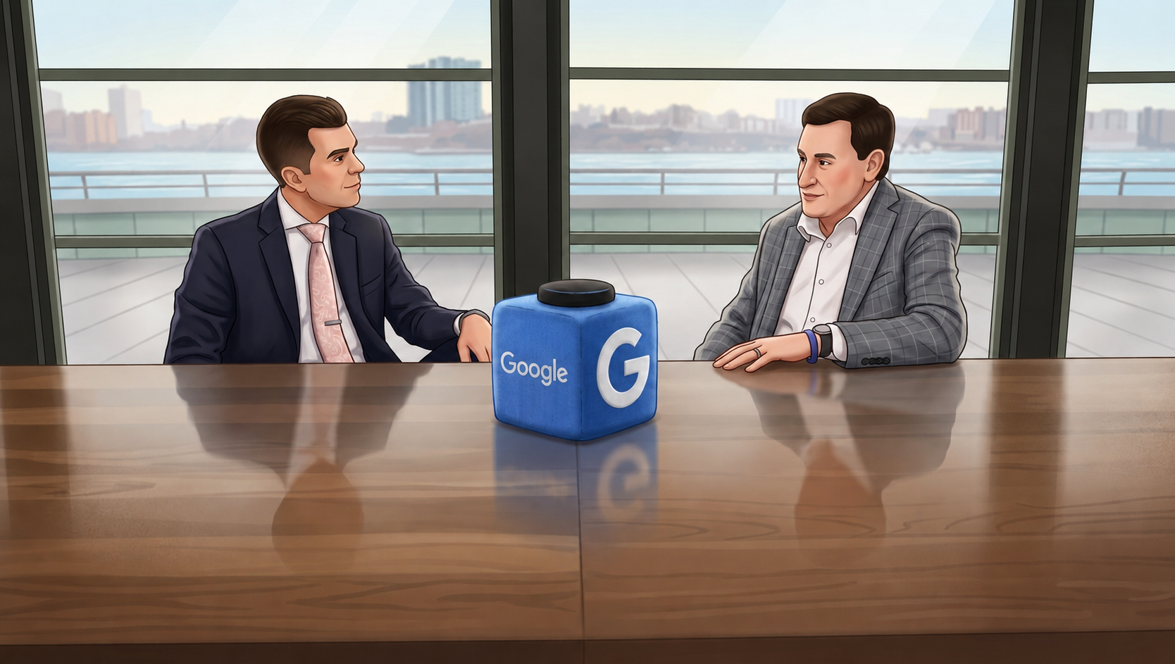 2 people at a conference table with a symbolic Google box between them