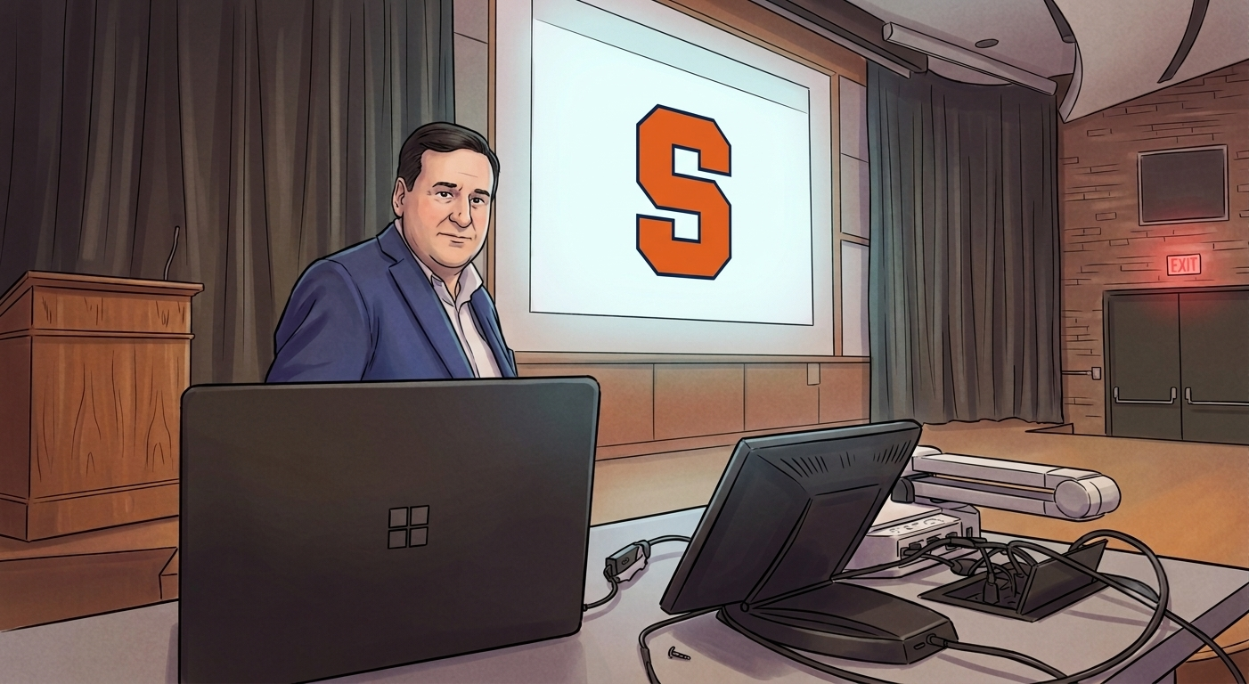 Syracuse University professor at podium in a lecture hall.